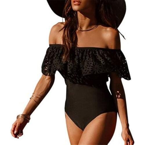 2018 New Women One Piece Swimsuit Female Beach Bathing Suit Sexy Off The Shoulder Solid Swimwear Ruffle Monokini Swim Wear XL
