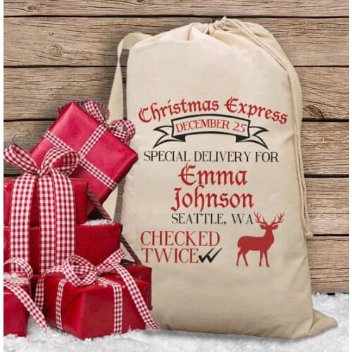 Custom name reindeer Christmas Santa Sacks kids storage Canvas gift toy bags New year birthday cotton drawstring storage pack