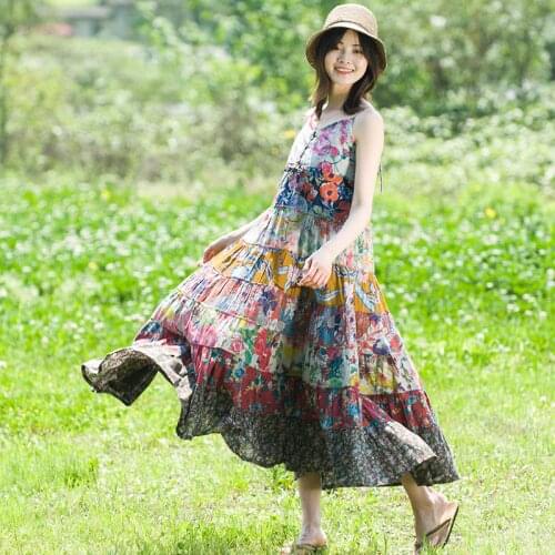 Cotton Linen Womens Summer Dress Printing Sling Large Swing Dress Bohemian Stitching Long Dress