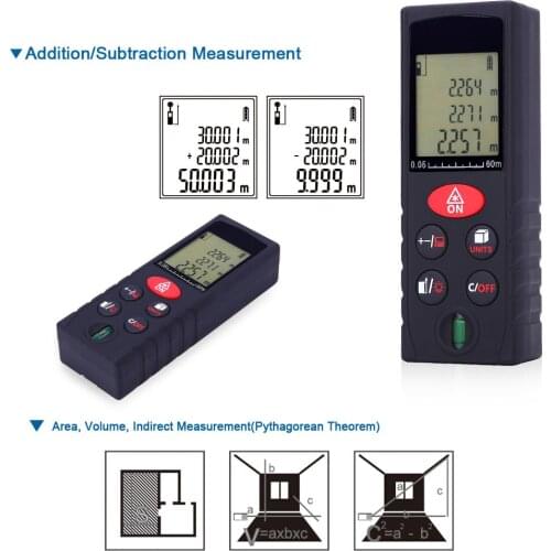 60m/197ft Mini Handheld Digital Laser Distance Meter High Precision Range Finder Area Volume Measurement Level Bubble