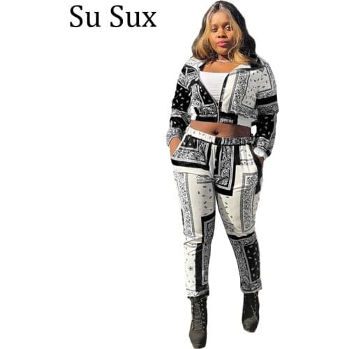 Casual Crop Top Pant Suits 2 Piece Sets Womens Outfits Print Zipper Long Sleeve Jacket Top and Long Pants Suit Vestodos 2021