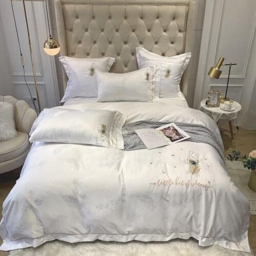 Bird Peacock Feather Pattern Embroidery White Grey Duvet Cover Sateen Cotton Luxury Bedding set Sheets Queen King size size 4Pcs