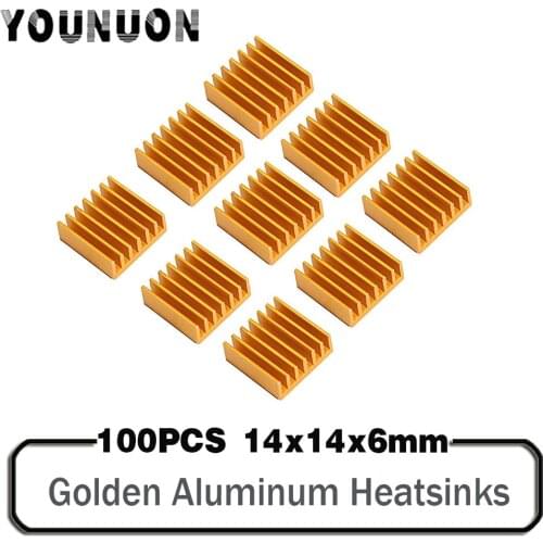YOUNUON 100pcs 14x14x6mm Golden Aluminum Heatsink 14mm x 6mm Chip CPU GPU VGA RAM LED IC Heat sink Radiator with 3M Tape