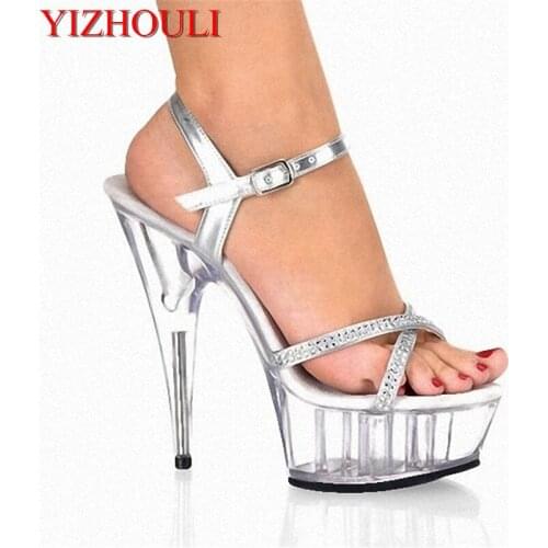 Summer womens silver 15 cm high heel sandals, leather material sexy nightclub sandals