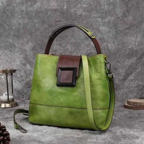 Retro Genuine Leather Bucket Tote Bag Green Handmade Women Shoulder Bag First Layer Cowhide Crossbody Bags for Female Handbags