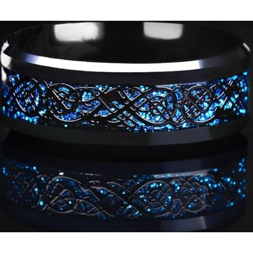 Domineering Man Ring Blue Carbon Fiber Black Dragon Inlay Comfort Fit Stainless Steel Rings for Men Wedding Band Ring Wholesale