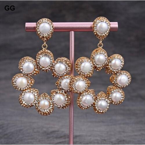 GuaiGuai Jewelry 2.5" Natural White Keshi Pearl Golden Yellow Macarsite CZ Pave Earrings For Women