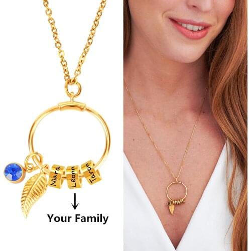 Custom Initial Name Pendant Necklace for Women Leaf/Twelve Months Birthday Stone Stainless Steel Necklace Personalised 1-7 Names