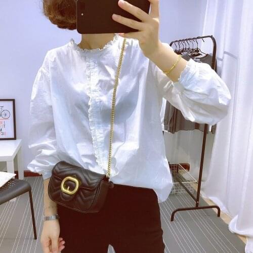 Cotton Shirts Womens 2021 Ruffles Collar Long Sleeve Button Up Shirts Temperament Lady White Blouse Korean Style Designer Tops