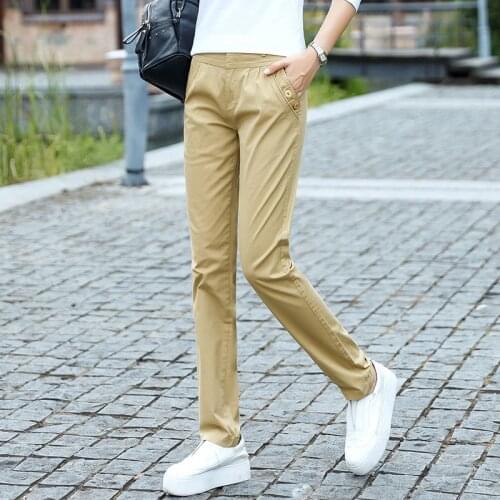Korean Style Women Casual Spring Summer Plus Size Trousers Solid Elastic Waist Pants Full Length Straight Pants Pantalon Femme