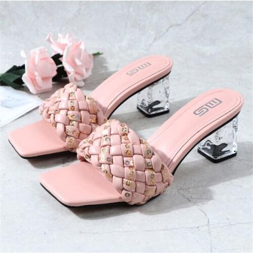 Womens Shoes Women Slippers Sandals Mules Slides 6cm Crystal Heel Square Heels Black Shoes Fashion Party Wedding Footwear 2021