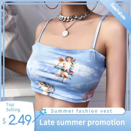 2021 Street style Women camisole Sling Top Vest Sleeveless Cold Shoulder The Angel Of Cupid Print Short Camis Female Summer Top