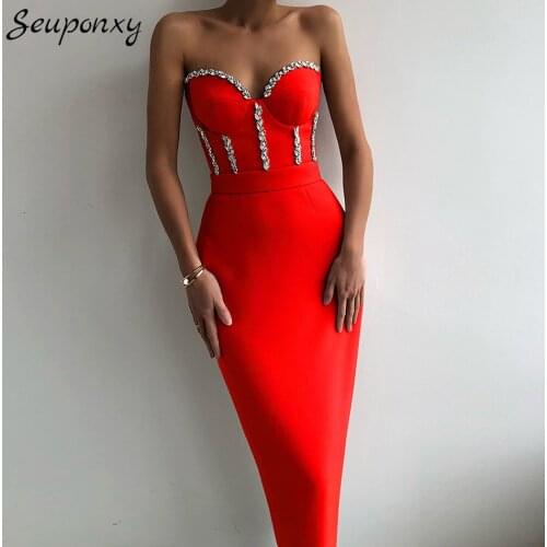 High Quality Sexy Off Shoulder Beaded Backless Bandage Dress Bandage Bodycon Womens 2021 Summer Elegant Party Dress Vestidos