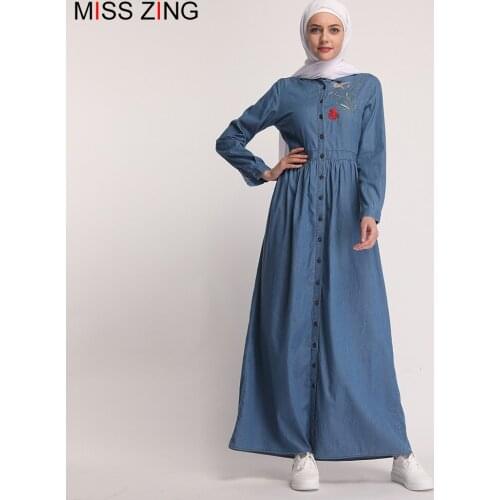Zing Denim Embroidery Women Dress Long Sleeve Skirt Muslim Abaya Kimono Long Gowns Ramadan Middle East Islamic Prayer Clothes
