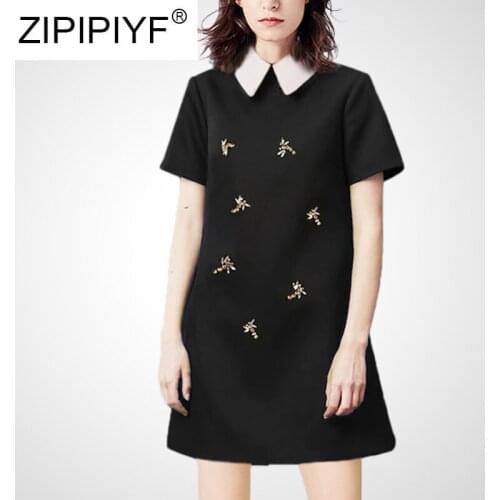 ZIPIPIYF New Design Doll Collar Beaded Dress Female 2020 Summer Black Elegant Women Casual Dress C249