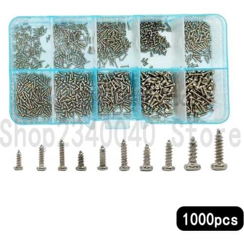 1000Pcs/set M1 M1.2 M1.4 M1.7 PA Nickel-plated Phillips Head Micro Screws Mix Pan Self-tapping Electronic Small Wood Screws Kit