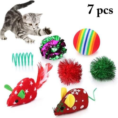 7pcs Cat Toy Interactive Cat Toys Play Ball Training Pet Supplies Spring Cat Teaser Little Mouse Realistic Mice for Christmas