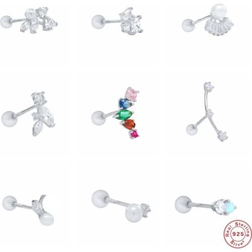 GS 925 Sterling Silver Diamond Stud Earrings for Women Rainbow Cubic Zirconia Jeweled Pearl Bead Ear Stud Party Fine Jewelry 1PC