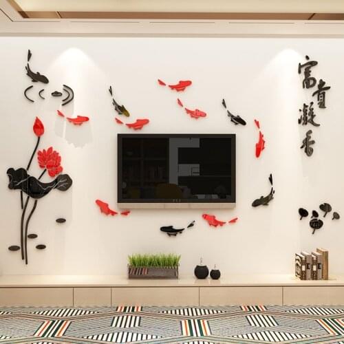 Fish in Lotus pond Acrylic 3D Wall Stickers for Living Room Chinese style TV wall Art Decor Home decoration New arrival