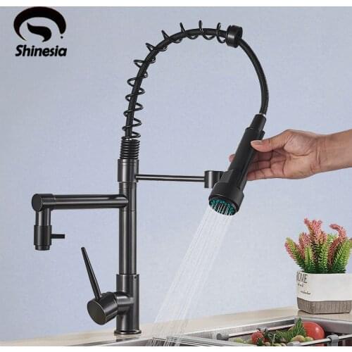 Shinesia Black Kitchen Faucet Pull Out Sink Deck Mount Dual Spout Spring Mixer Tap Hot and Cold Water 25 Types