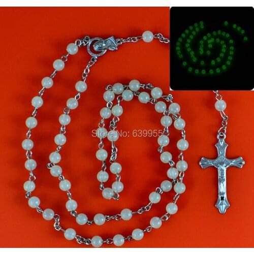 Glow in dark Rosary Beads INRI JESUS Cross Crucifix Pendant Necklace Catholic Fashion Religious jewelry