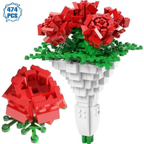 Expert Ideas Rose Flowers Bouquet Building Blocks Moc Romantic STEM Kit Construction Friends Bricks Toys for Girls Kids Gifts