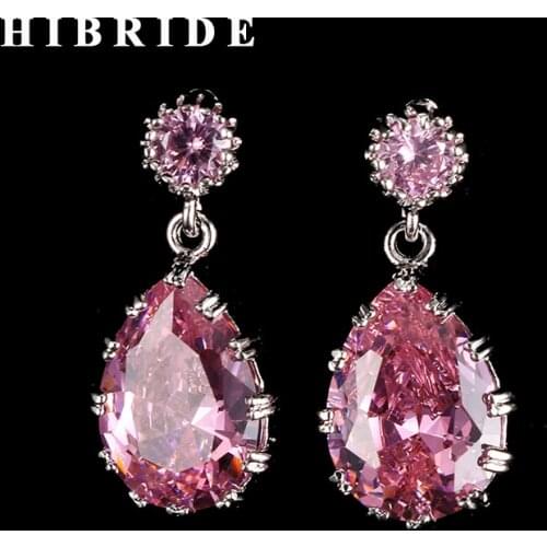 HIBRIDE 8 Colors Crystal Waterdrop Women Drop Earrings Brincos Classic Pink CZ Pendant Engagement Dangle Earring E-400