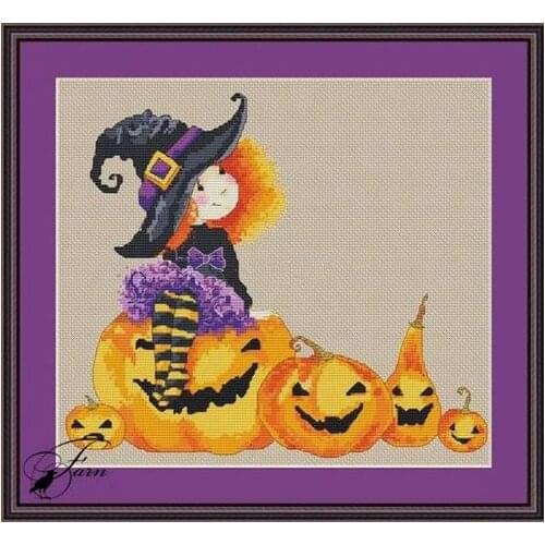 Higher Cotton Counted Cross Stitch Kit Halloween Pumpkin and Girl Witch Wizard Enchantress Sorceress