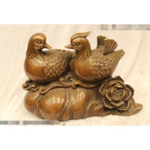 S03006 7"China Folk Bronze carving excellent Lifelike happiness mandarin duck Statue