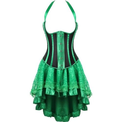Corset Skirt for Women Striped Underbust Steampunk Cupless Shaper Halterneck Bustier Dress Cowgirl Daily Party Rave Clubwear