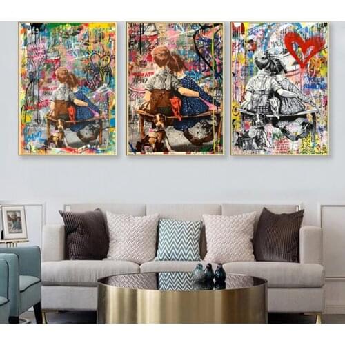 Colorful Banksy Art Graffiti Boy Girl Canvas Painting Wall Art Posters Prints Wall Pictures for Living Room Home Wall Cuadros