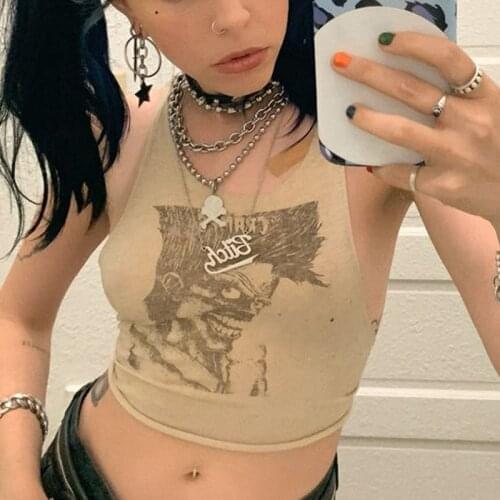 Gothic Summer Crop Tops Punk Harajuku Graphic Print Bodycon Women Tank Top Streetwear Bodycon Sleeveless Vest