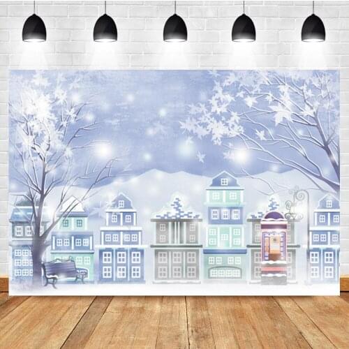 Laeacco Winter Cartoon City Snow Scene Christmas Birthday Photo Photography Background Photographic Backdrop For Photo Studio