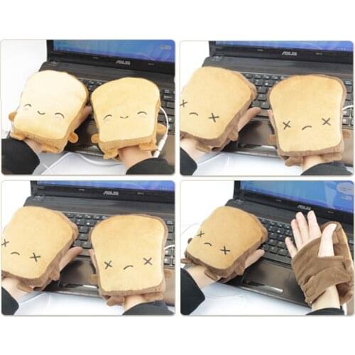 Null Women Girls Cute Toast Bread Embroidery Face Hand Warmer USB Heating Half Finger Gloves Adjustable Winter Thick Plush