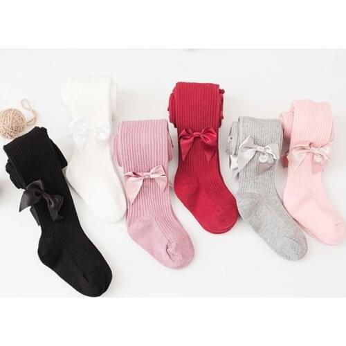 Cute Pink Bow Tights For Girls Spring Autumn Children Pantyhose Cotton Girls Tights Solid Color Ribbed Kids Stockings 0-4 Yrs