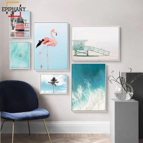 Beach Wall Decor Flamingo Print Ocean Coastal landscape Canvas Painting Pink Bus Poster Nordic Wall Pictures for Living Room