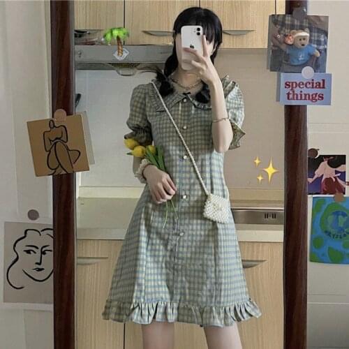 Japanese Style Fresh 2021 Summer New Style Wooden Ear Doll Collar Slim-Fit Puff Sleeve Plaid Dress for Women kawaii dress