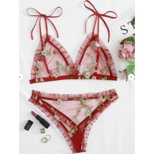 New Embroidered Lingerie set Women Bra set Mesh Transparent Brassiere Three-Point Suit Sexy Lingerie Ruffles Beautiful Underwear