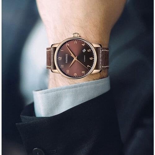PARNIS Dress Rose Gold Classic Self Winding Men Watch Coffee Dial Date Function 38mm Nomal Wristwatch