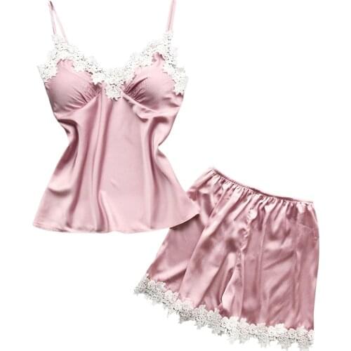 Satin Women Pajamas Camisoles Tanks Shorts Tops Suits Sexy Pijama Ladies Summer Two Pieces Set Pad Homewear Lace Sleepwear Pink