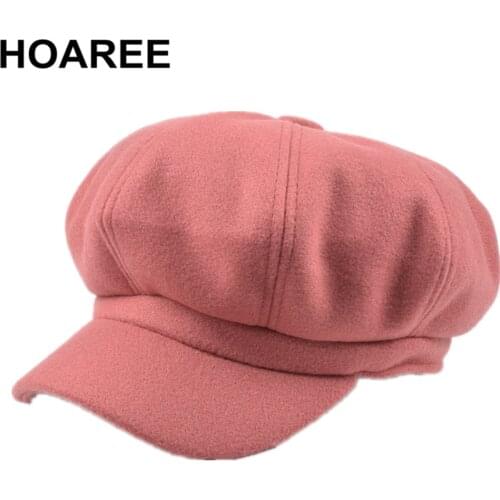 HOAREE Pink Wool Newsboy Cap Hats for Women Solid Ladies Baker Boy Hat Female Beret Brand Autumn Winter Vintage Octagonal Cap