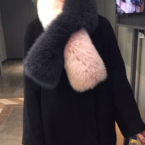New arrival long color matching pink blue grey genuine fox fur scarves winter warm hollow out super cute fox fur neckerchief