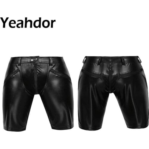M-XXL New Fashion 2020 Men Sexy Soft Leather Middle Pants Full Zipper Front Button Snap Closure Workout Gym Sport Shorts