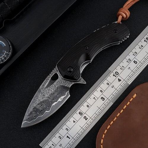 High quality black blood cow Damascus folding knife knife ball bearing VG10 ebony handle outdoor tactical EDC fishing tool knife