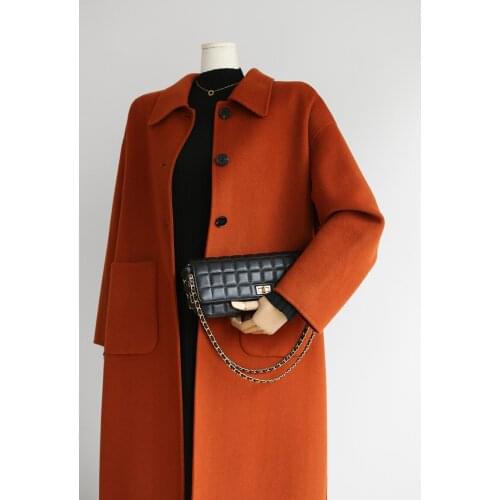 High-end big pocket blue orange stunning mid-length double-sided cashmere coat woolen coat female Korean version 21 new