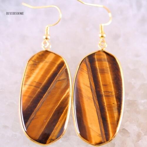 Jewelry Gift for Women 44x23MM Natural Stone Gold Tigers Eye Beads Dangle Earring 1Pair U001