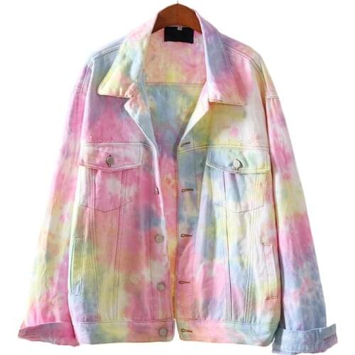 Wenfly Women Korean Tie Dye Short Outerwear New Loose Single Breasted Streetwear England Denim Jacket Coats Harajuku