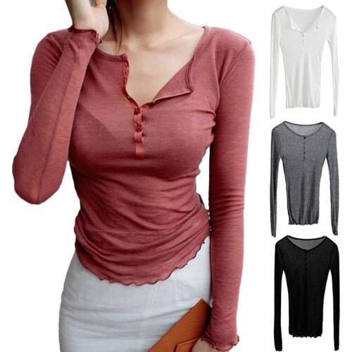 Women Casual Solid Color Long Sleeve Button V Neck Slim Cotton Blouse Shirt