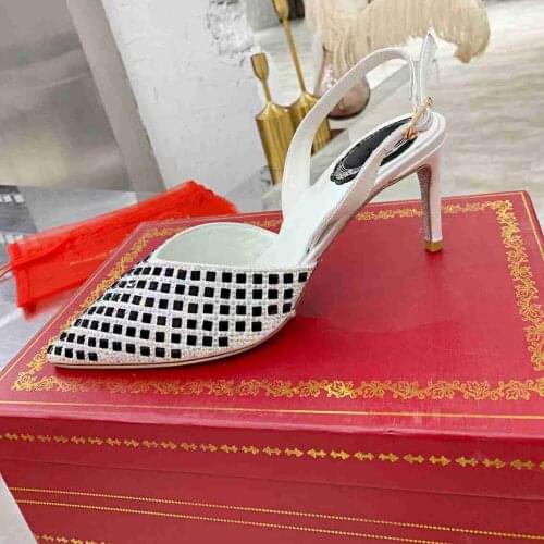 Rhinestone Sandals Women Summer High Heels Sandalias Mujer Slingback Talon Femme Tacones Stiletto Pumps Pointed Toe Ladies Shoes