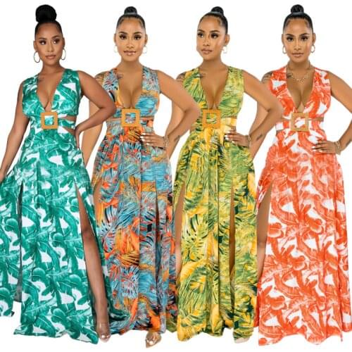 Adogirl Sexy Leaves Print Beach Long Dress V Neck Sleeveless Hollow Out High Split Maxi Vestidos Outdoor Fashion Robes Female
